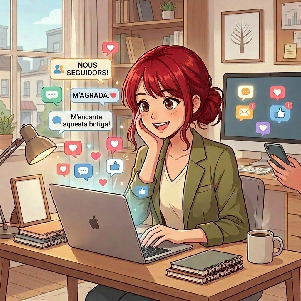 Small business owner using laptop with social media notifications of new followers, likes, and positive comments.